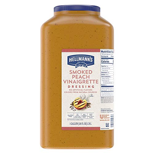 0048001010307 - HELLMANNS SMOKED PEACH VINAIGRETTE SALAD DRESSING JUG GLUTEN FREE, NO ARTIFICIAL FLAVORS, ADDED MSG OR HIGH FRUCTOSE CORN SYRUP, COLORS FROM NATURAL SOURCES, 1 GALLON