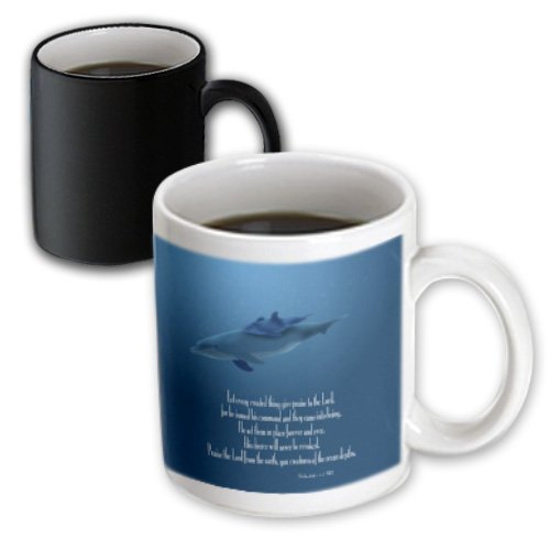 0482036108033 - 777IMAGES DESIGNS GRAPHIC DESIGN BIBLE VERSE - MOTHER AND BABY DOLPHIN SWIMMING IN THE AQUA COLORED OCEAN WITH THE BIBLE VERSE PSALM 148 V 5-7 - 11OZ MAGIC TRANSFORMING MUG (MUG_36108_3)