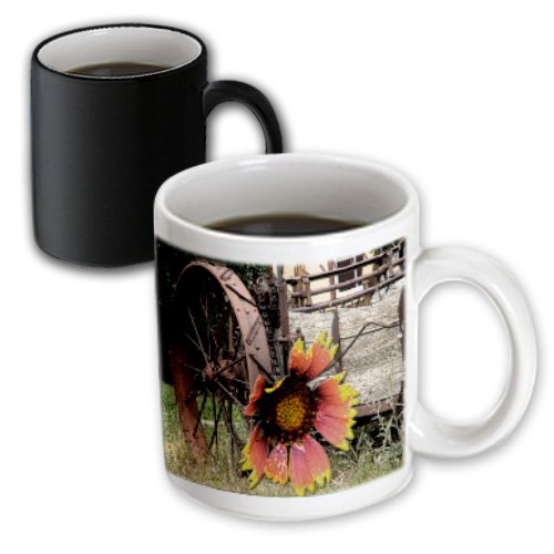 0482044032030 - MUG_44032_3 JOS FAUXTOGRAPHEE REALISTIC - A WHEEL FROM AN OLD RUSTIC WAGON WITH A PINK AND YELLOW FLOWER ON TOP - MUGS - 11OZ MAGIC TRANSFORMING MUG
