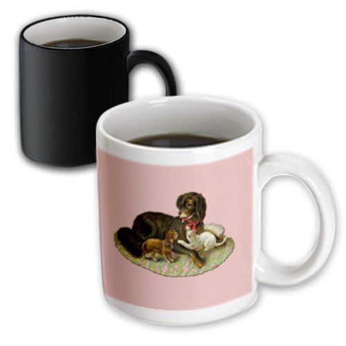 0482170352033 - BLN VICTORIAN PETS AND ANIMALS COLLECTION - DOG ON PINK AND GREEN RUG WITH PLAYFUL PUPPY AND A KITTEN - 11OZ MAGIC TRANSFORMING MUG (MUG_170352_3)
