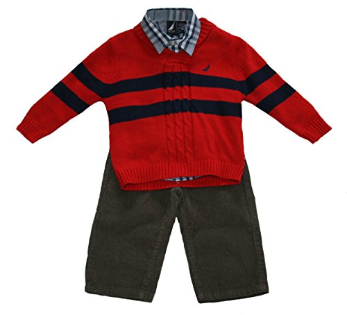 0048283158568 - NAUTICA BABY BOYS' 3PC SWEATER CLOTHING SET (12 MONTHS, RED/FLANEL)