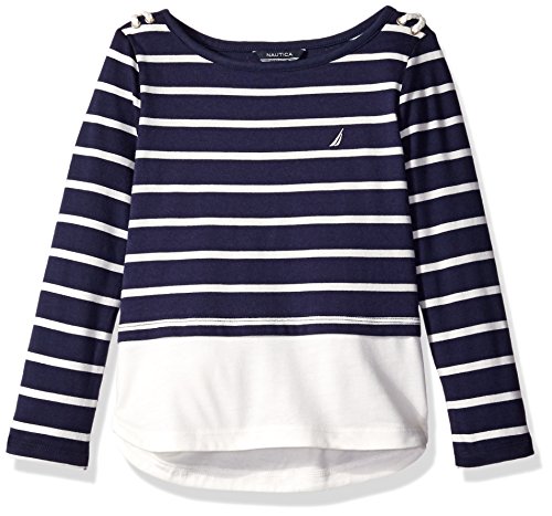 0048283769900 - NAUTICA BIG GIRLS' STRIPE LAYERED KNIT TOP WITH GROMMET AND CORD DETAIL, NAVY, 8
