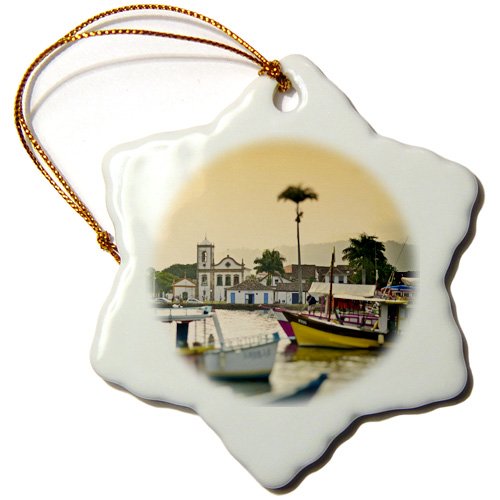 0483216115018 - KIKE CALVO BRAZIL COLLECTION - VIEW OF CAPELA DE SANTA RITA AND COLONIAL PARATY FROM THE BAY - 3 INCH SNOWFLAKE PORCELAIN ORNAMENT (ORN_216115_1)