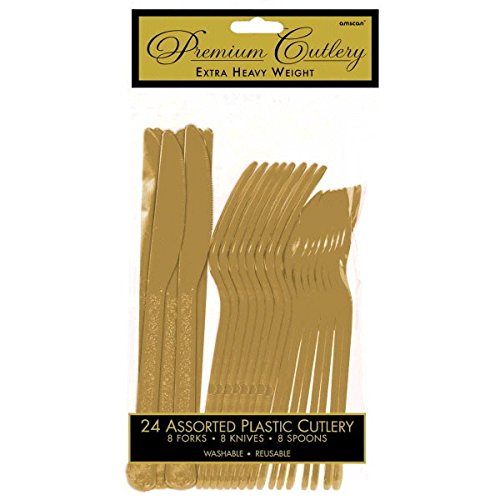0048419250142 - AMSCAN REUSABLE PARTY PREMIUM HEAVY WEIGHT ASSORTED PLASTIC CUTLERY (24 PACK), GOLD, 4.75 X 0.75