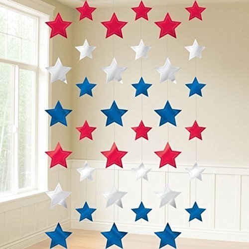 0048419386797 - PATRIOTIC RED, WHITE, AND BLUE METALLIC STARS STRING DECORATIONS - 7' LONG