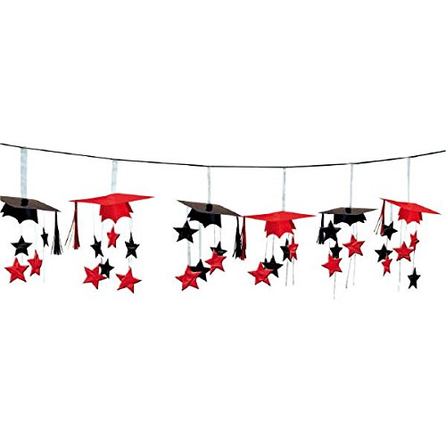 0048419921363 - SCHOOL COLORS GRADUATION PARTY 3-D MORTARBOARD AND STARS FOIL GARLAND DECORATION, APPLE RED AND BLACK, FOIL, 12 FEET