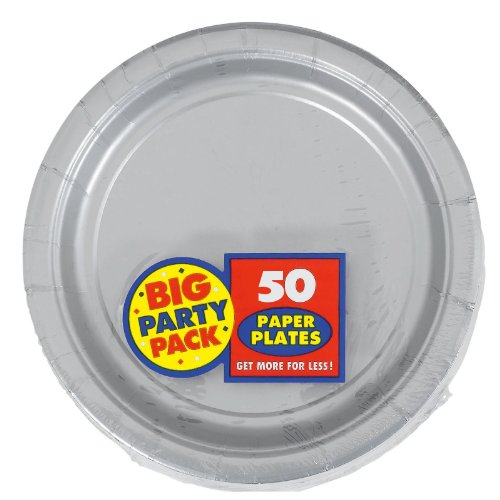 0048419945024 - AMSCAN AMI 650013.18 AMSCAN SILVER BIG PARTY PACK DINNER PLATES (50 COUNT), 1, SILVER