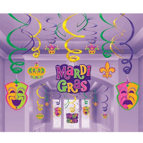 0048419985761 - AMSCAN MEGA 30 PIECE VALUE PACK MARDI GRAS MEN- HANGING SWIRLS WITH CUTOUTS DECORATION (PACK OF 1)