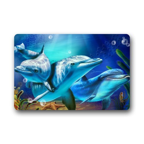 4844155498376 - 23.6(L) X 15.7(W) DOOR MAT ARTISTIC DESIGNER FROM MR KILL DESIGNS STYLISH, DECORATIVE, UNIQUE, COOL, FUN, FUNKY BATHROOM - FROLICKING WITH THE DOLPHINS TRIO IN WATER