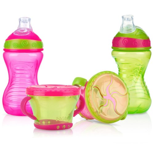 0048526922710 - NUBY NO SPILL SUPER SPOUT CUP AND SNACK KEEPER SET, GIRL - 4 PIECE