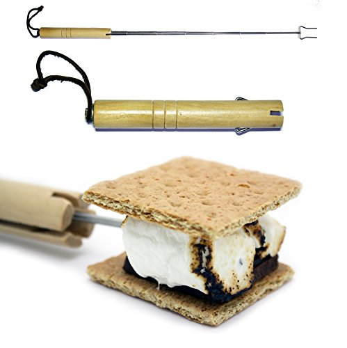 4861813137088 - MARSHMALLOW STICKS - SMORES MAKER - CAMPING GEAR - TELESCOPING STAINLESS STEEL MARSHMALLOW ROASTING STICK WITH 28 TWO PRONG FORK AND HIGH QUALITY WOOD HANDLE - HOT DOG ROASTER - CAMPFIRE COOKING UTENSILS (2 PACK)