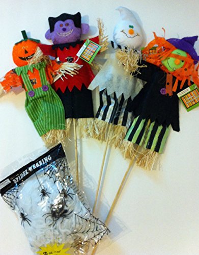 4883473191613 - BUNDLE OF 5 HALLOWEEN YARD DECORATIONS: 4 SCARECROW PICKS, 1 EACH OF WITCH, GHOST, VAMPIRE AND PUMPKIN AND 1 PACKAGE OF WHITE SPIDER WEBBING