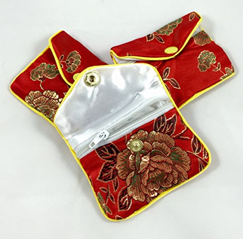 4892449932334 - CHINESE EMBROIDERED SNAP POUCH SET OF 3 - RED WITH YELLOW TRIM