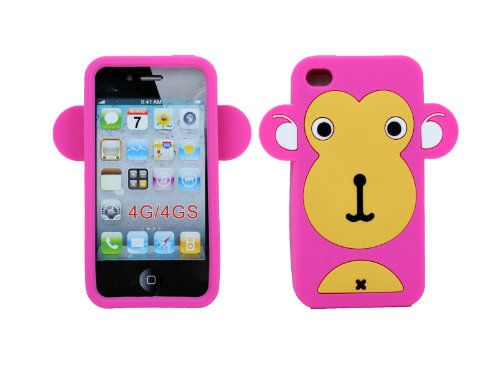 4894376009110 - ECOMGEAR NEW CUTE BIG EAR MONKEY SOFT SILICONE CASE COVER SKIN FOR IPHONE 4 4S HOT PINK