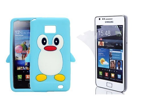 4894376018860 - ECOMGEAR CUTE PENGUIN SILICONE SOFT CASE COVER AND SCREEN PROTECTOR FOR SAMSUNG GALAXY S2 I9100 BLUE