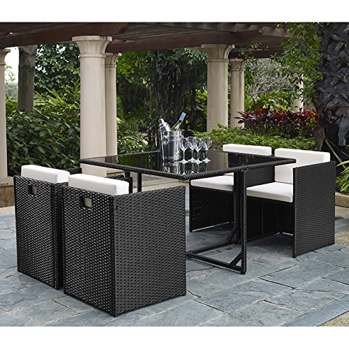 4894425347132 - COMPLETE OUTDOOR/INDOOR 5 PIECE RATTAN WICKER CUBE DINING TABLE GARDEN PATIO FURNITURE SET, BLACK WITH CREAM CUSHIONS