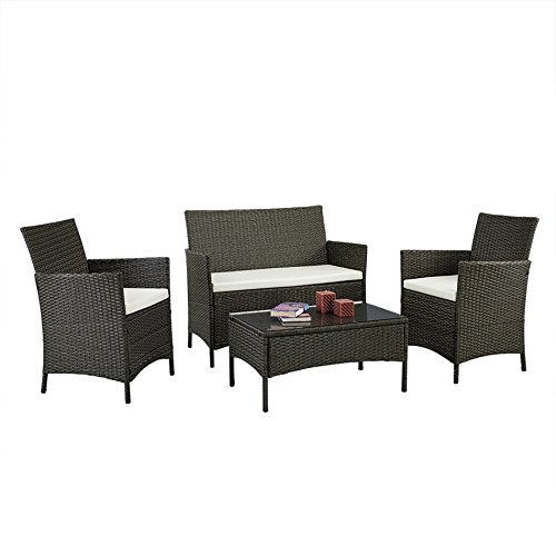 4894425379256 - IDS HOME COMPLETE COMPACT 4PCS WHITE CUSHIONED COFFEE TABLE OUTDOOR/INDOOR PATIO GARDEN LAWN FURNITURE BLACK PE RATTAN WICKER SOFA SET