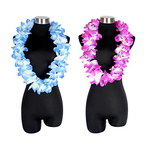 4894425387688 - 2PCS HAWAIIAN RUFFLED SIMULATED SILK FLOWER LUAU LEIS NECKLACE COSTUMES FOR ISLAND BEACH THEME PARTY ACCESSORIES, BLUE & PURPLE