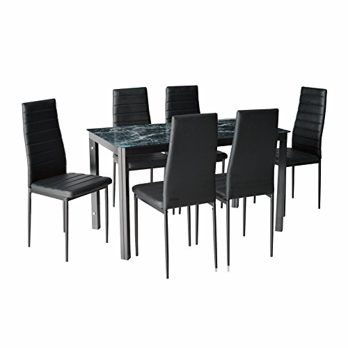 4894425423232 - 7-PIECE HOME DINING KITCHEN FURNITURE SET WITH FAUX MARBLE GLASS TOP METAL LEG & FRAME, BLACK