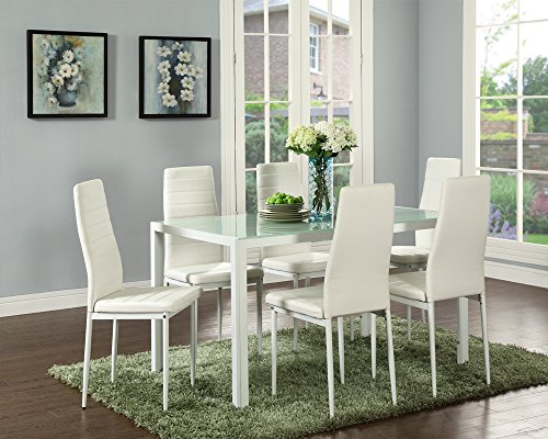 4894425425038 - SYM METAL WITH GLASS TOP DINNING TABLE SET, WHITE (7-PIECE)