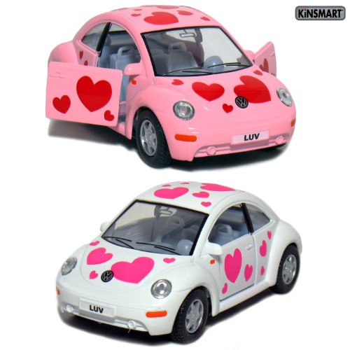 4897000273932 - SET OF 2: 5 VOLKSWAGEN NEW BEETLE WITH HEARTS DECAL 1:32 SCALE (PINK/WHITE)