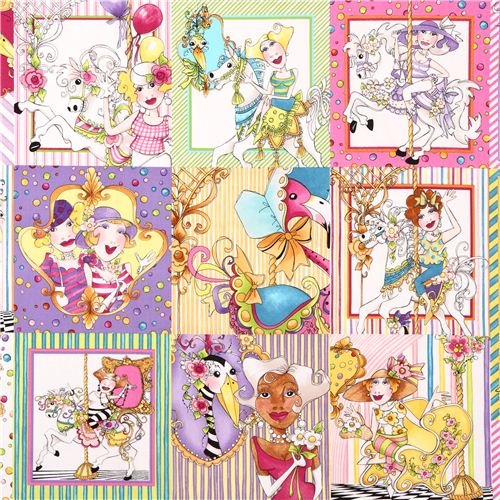 4900181948909 - COLORFUL CAROUSEL HORSE LADY PATCHWORK PANEL FABRIC QUILTING TREASURES (PER 0.5 YARD MULTIPLES)