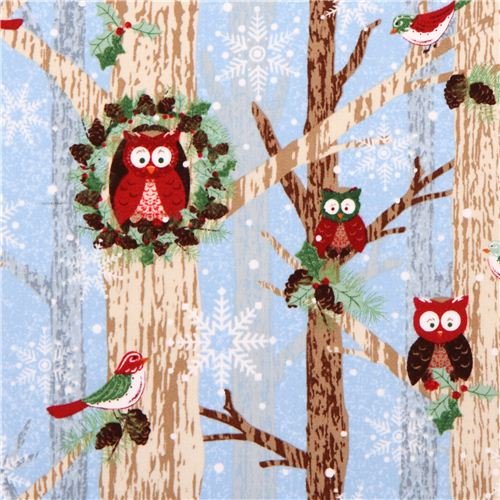 4900181950841 - BLUE OWL CHRISTMAS FABRIC BLANK QUILTING FROM THE USA (PER 0.5 YARD MULTIPLES)