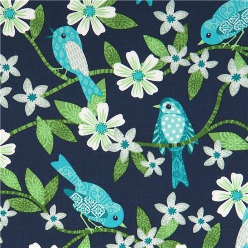 4900182014160 - NAVY BLUE FLOWER AND BIRD FABRIC BLANK QUILTING USA (PER 0.5 YARD MULTIPLES)