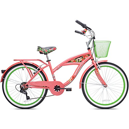 4913963143966 - 24 GIRLS KENT MULTI 7 SPEED CRUISER BIKE FOR ADULT, STURDY STEEL FRAME BICYCLE WITH FRONT BASKET AND PARROT HORN, CORAL/GREEN
