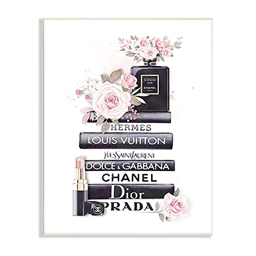 0049182329950 - STUPELL INDUSTRIES PINK ROSES AND TOILETRIES FASHION GLAM BOOKSTACK, DESIGNED BY ROS RUSEVA WALL PLAQUE, BLACK