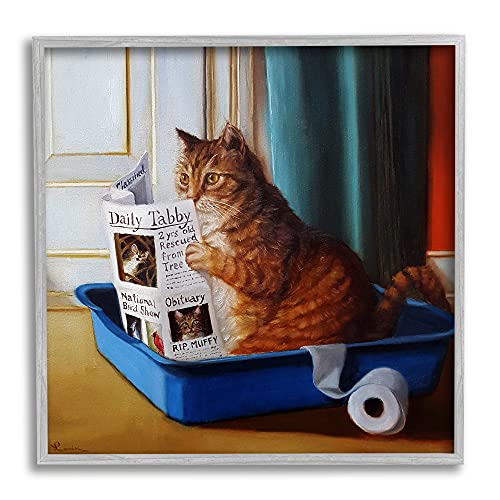 0049182415837 - STUPELL INDUSTRIES LITTER BOX READING FUNNY CAT PET PAINTING, DESIGN BY LUCIA HEFFERNAN GRAY FRAMED WALL ART, 17 X 17, MULTI-COLOR