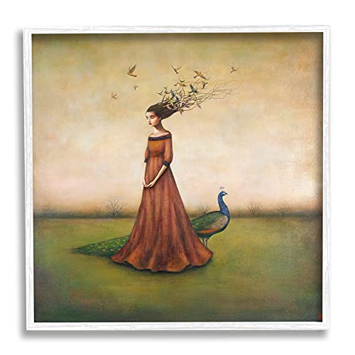 0049182438126 - STUPELL INDUSTRIES BEAUTY AND BIRDS IN HER HAIR WOMAN AND PEACOCK ILLUSTRATION, DESIGN BY DUY HUYNH WHITE FRAMED WALL ART, 24 X 24, GREEN