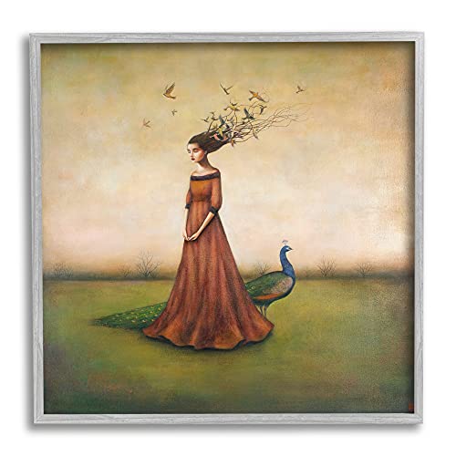 0049182438164 - STUPELL INDUSTRIES BEAUTY AND BIRDS IN HER HAIR WOMAN AND PEACOCK ILLUSTRATION, DESIGN BY DUY HUYNH GRAY FRAMED WALL ART, 17 X 17, GREEN
