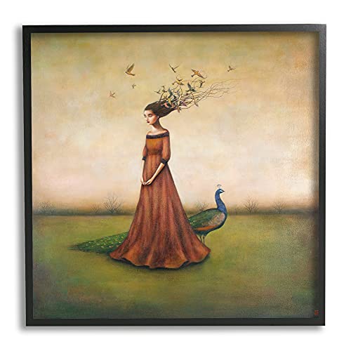 0049182438188 - STUPELL INDUSTRIES BEAUTY AND BIRDS IN HER HAIR WOMAN AND PEACOCK ILLUSTRATION, DESIGN BY DUY HUYNH BLACK FRAMED WALL ART, 24 X 24, GREEN