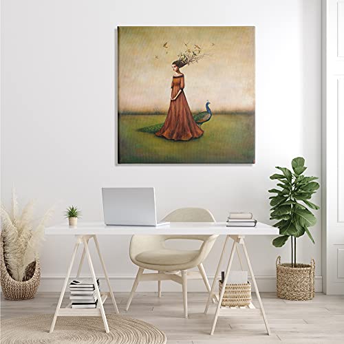 0049182438218 - STUPELL INDUSTRIES BEAUTY AND BIRDS IN HER HAIR WOMAN AND PEACOCK ILLUSTRATION, DESIGN BY DUY HUYNH BLACK FRAMED WALL ART, 36 X 36, GREEN