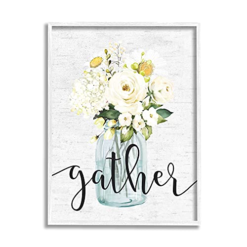 0049182470645 - STUPELL INDUSTRIES GATHER PHRASE WHITE SPRING BOUQUET HOMEY SENTIMENT, DESIGN BY LETTERED AND LINED FRAMED WALL ART, 16 X 20