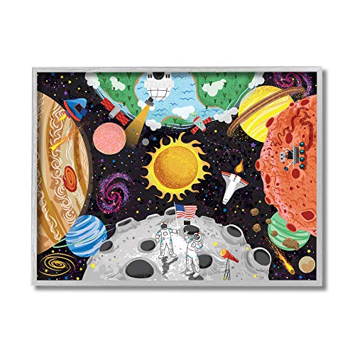 0049182545008 - STUPELL INDUSTRIES LIVELY OUTER SPACE PLANETS ASTRONAUTS ON MOON, DESIGNED BY ARROLYNN WEIDERHOLD GRAY FRAMED WALL ART, 16 X 20, BLACK