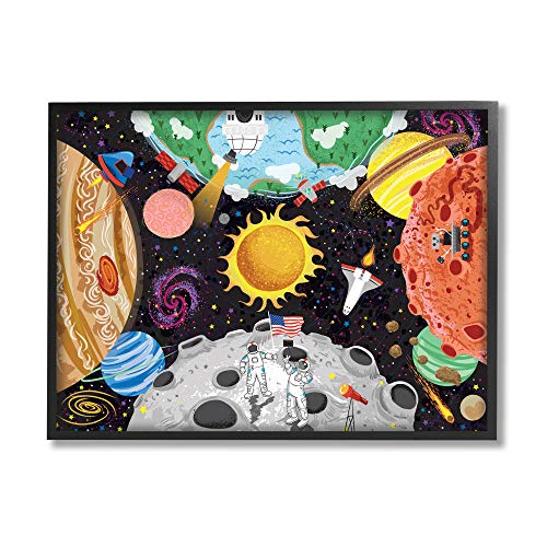 0049182545022 - STUPELL INDUSTRIES LIVELY OUTER SPACE PLANETS ASTRONAUTS ON MOON, DESIGNED BY ARROLYNN WEIDERHOLD BLACK FRAMED WALL ART, 24 X 30