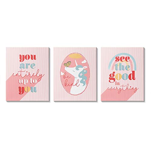 0049182757845 - STUPELL INDUSTRIES PRINCESS UNICORN WITH KINDNESS PHRASES RED PINK CANVAS DAPHNE POLSELLI WALL ART, 3PC, EACH 16 X 20
