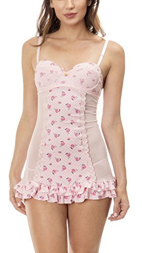 0049183649064 - (740428JS) JESSICA SIMPSON WOMENS FLORAL PRINT AND RUFFLE BABY DOLL SET IN BLUSHING BRIDE WITH BLACK SIZE: L
