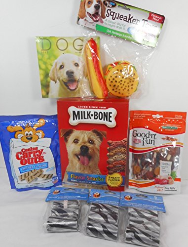 4923333162589 - BUNDLE - SMALL MILK BONE MULTI FLAVOR SNACKS FOR DOGS OF ALL SIZES, CHICKEN FLAVOR CANINE CARRY OUTS, GOOD'N'FUN TRIPLE FLAVOR KABOBS, TWO SQUEAKER TOYS, 2017 CALENDAR, 180 DOG WASTE BAGS