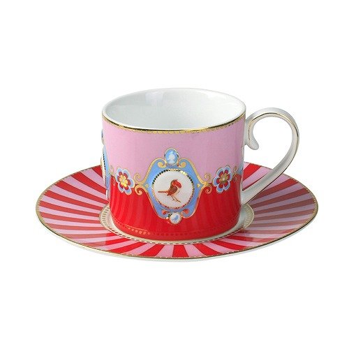 4935201671710 - PIP STUDIO (PIP STUDIO) CUP AND SAUCER LOVE BIRD MEDALLION RED & PINK CUP: 8 X W11.5 X H7CM / SAUCER: 16.5CM 671710 (JAPAN IMPORT)