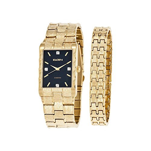 0049353796239 - ELGIN MENS DIAMOND-ACCENT GOLD-TONE AND BLACK WATCH AND BRACELET