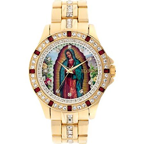 4935384146142 - ELGIN MEN'S LADY OF GUADALUPE GRAPHIC DIAL CRYSTAL ACCENTED GOLD-TONE WATCH FG91