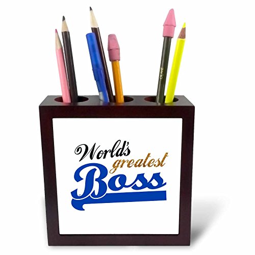 0494151287012 - 3DROSE PH_151287_1 WORLDS GREATEST BOSS-BEST WORK BOSS EVER-BLUE AND GOLD TEXT ON WHITE-FUN OFFICE GIFTS-TILE PEN HOLDER, 5-INCH