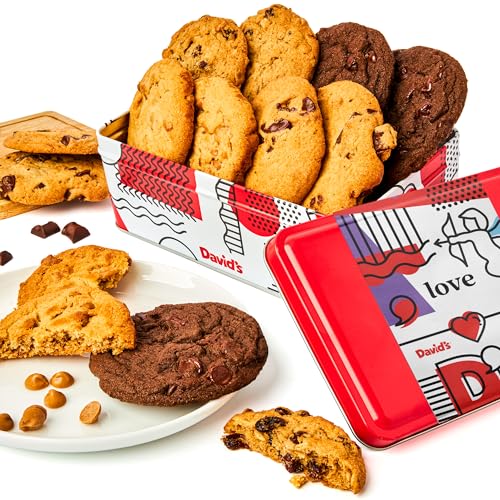 0049578991983 - DAVID’S COOKIES FRESH BAKED ASSORTED COOKIES SWEET SAMPLER IN LOVE TIN 8 COUNT - CHOCOLATE CHUNK, PEANUT BUTTER CHIP, DOUBLE CHOCOLATE CHUNK & OATMEAL RAISIN FLAVOR, DELICIOUS GOURMET VALENTINES GIFT