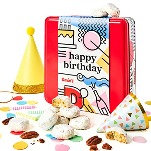 0049578999903 - DAVID’S COOKIES HAPPY BIRTHDAY GIFT FOR EVERYONE – 1LB BUTTER PECAN MELTAWAYS COOKIES WITH CRUNCHY PECANS AND POWDERED SUGAR – PREMIUM FRESH INGREDIENTS – COMES WITH A LOVELY TIN BOX
