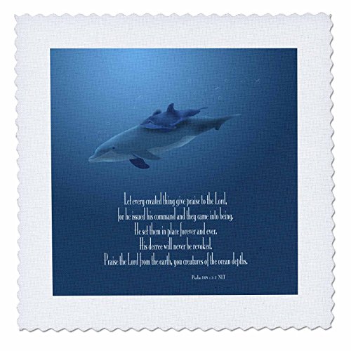 0496036108030 - 777IMAGES DESIGNS GRAPHIC DESIGN BIBLE VERSE - MOTHER AND BABY DOLPHIN SWIMMING IN THE AQUA COLORED OCEAN WITH THE BIBLE VERSE PSALM 148 V 5-7 - 8X8 INCH QUILT SQUARE (QS_36108_3)