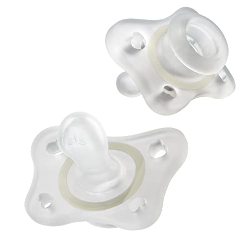 0049796732313 - CHICCO PHYSIOFORMA SILICONE MINI GLOW IN THE DARK PACIFIER IN CLEAR FOR BABIES 2-6M, ORTHODONTIC NIPPLE, BPA-FREE, 2-COUNT IN STERILIZING CASE