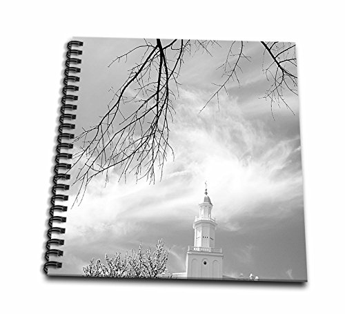 0498047487012 - 3DROSE DB_47487_1 ST. GEORGE LDS TEMPLE IN BLACK AND WHITE WITH WISPY CLOUDS IN THE SKY AND A TREE FRAMING THE PICTURE DRAWING BOOK, 8 BY 8-INCH